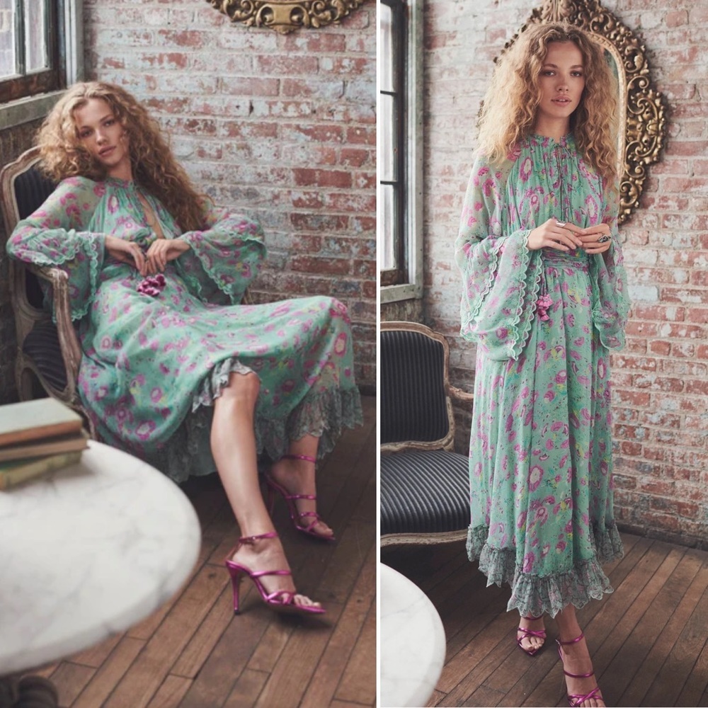 HEMANT & NANDITA Green and Pink Floral Midi Dress